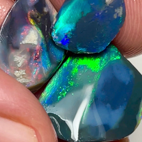Lightning Ridge Black opal rubs/rough Trio 14.10cts Gorgeous faces with Multifires including some reds 18x14x4mm to 12x7x1.5mm NSW120