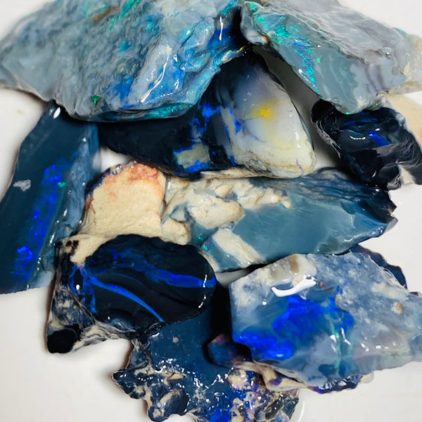 Lightning Ridge Rough Mulga® Black & Semi Black Opal Seam parcel 180cts Potential & Cutters Bright fires & bars 30x24x4mm to 24x14x7mm WSU48