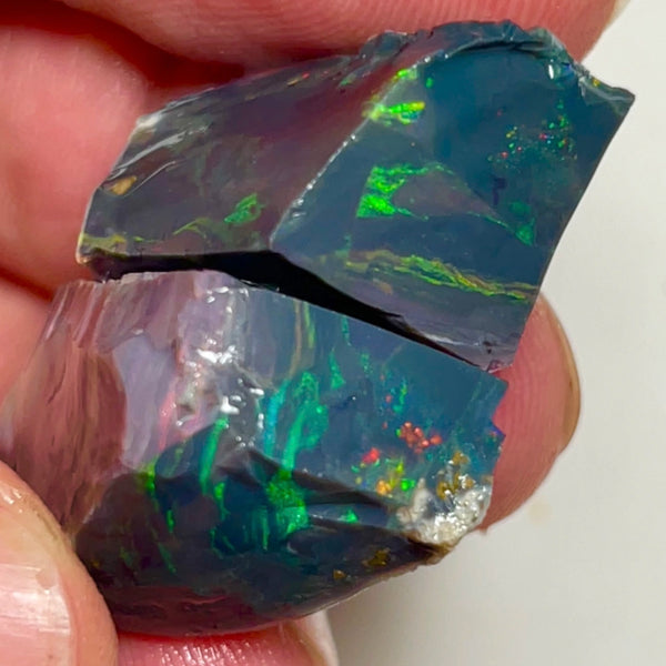 Big Thick Mulga® Black/Dark Seam opal rough pair to cut 67.75cts Wee Warra plains Reds/Golds/Greens Not something you see everyday 25x15x14mm & 22x14x9mm NEW957