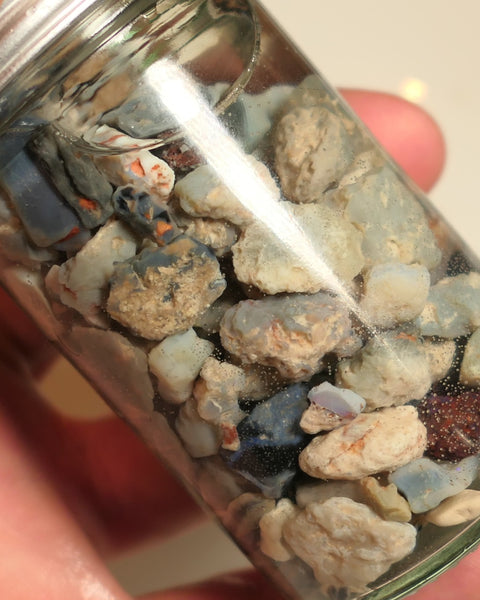Lightning Ridge Rough Opal Parcel 400cts potch mixed knobby fossil seam (shown in jar) 22mm to chip size JanB11