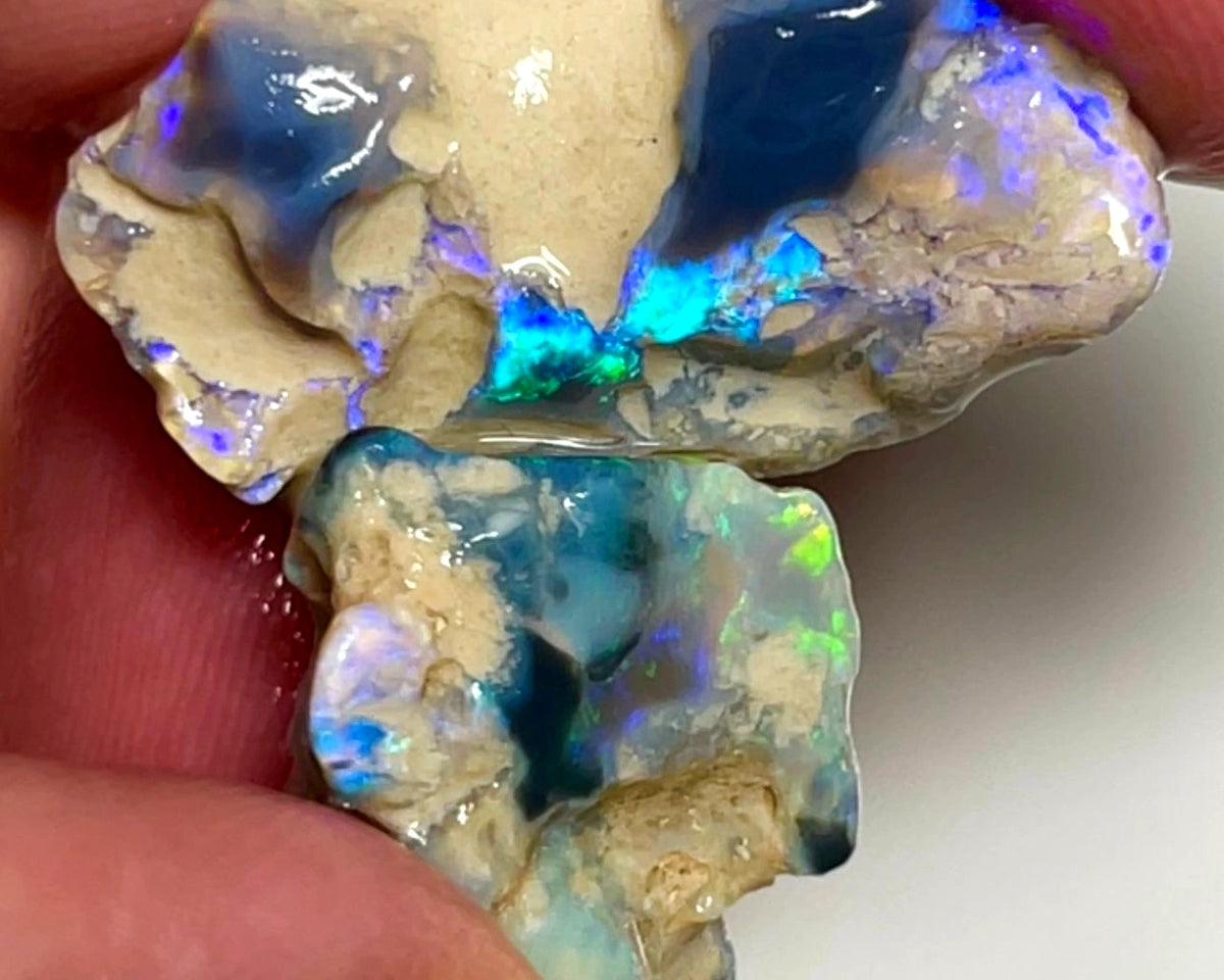 Lightning Ridge 28cts Nice pair of Dark base Crystal Opal formations rough to cut/carve Gorgeous Bright Multicolours 27x18x7 & 18x15x8mm NSW140