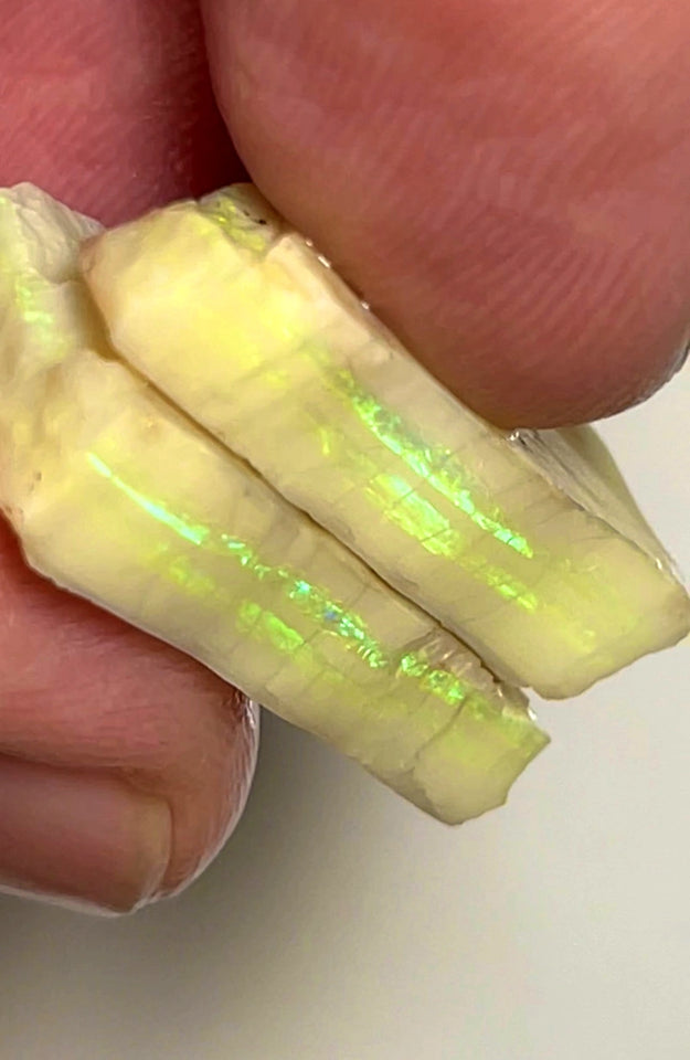 Lightning Ridge Rough Opal 28cts Stunning Light Base Pair Cutters Candy® High Grade Bright Yellow/Green dominant Multifires in multi bars both approx 25x12x5mm WAD18