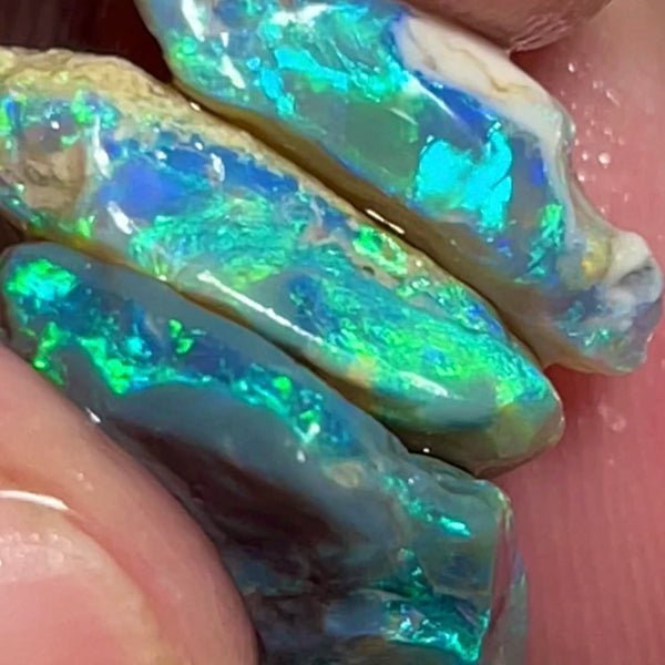 Gemmy Coocoran Field Knobby Cutters rough opal stack 17.00cts Very Bright & Gorgeous Yellow/Green/Blue Dominant fires 18x15x4 to 17x9x4mm NEW902