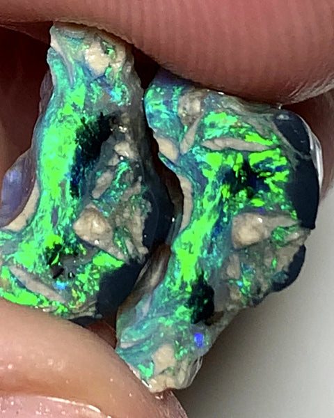 OPAL MONTH SPECIAL Lightning Ridge Rough Opal Black N1 Base Knobby Split 11cts Cutters Candy Exotic High Grade Super Bright Neon Green dominant fires 17x12x7mm & 15x7x7mm WSZ78