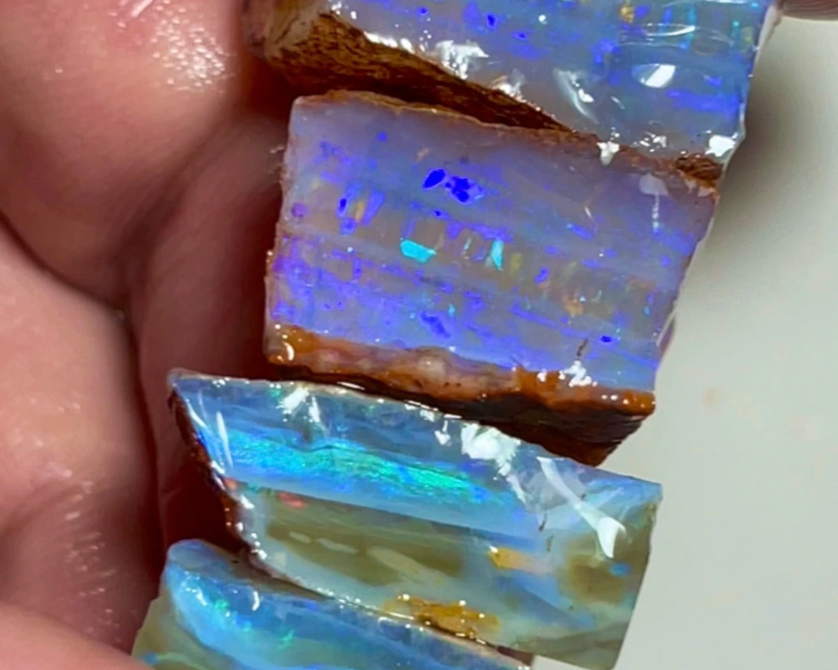 Wow Huge Stack of Gemmy Coober Pedy Seam opal rough 113.50cts Thick bars loaded with Blue dominant fires Yellow/oranges/Red here to cut  20x20x10 to 20x12x7mm NEW926