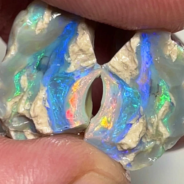 Stunning Lightning Ridge Dark Base Knobby opal rough split 16.95cts Bright Orange/blue/Green Dominant fires to cut & polish 17x10x9 & 16x10x10mm NSW149