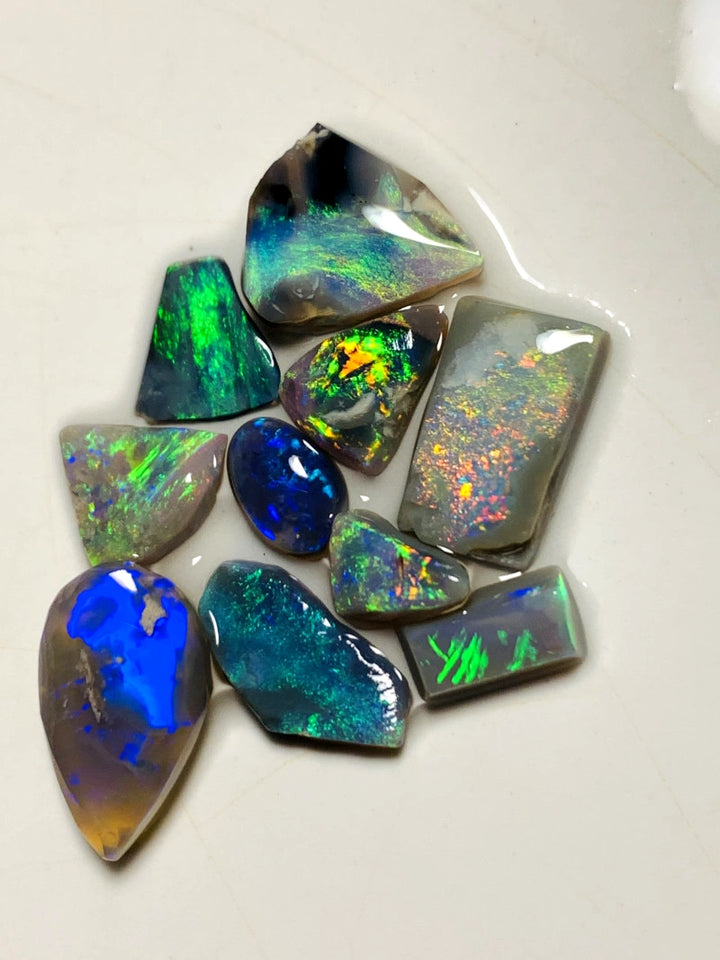 OPAL MONTH SPECIAL Lightning Ridge Opal Rough Rub Preform Parcel Black Dark & Crystal Miners Bench® 15.75cts Stunning Bright Multifires & patterns to faces 15x8x6mm to 6x3x2mm WAA15
