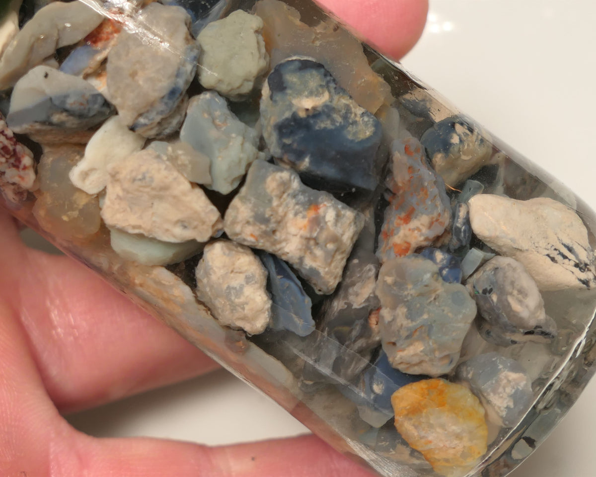Lightning Ridge Rough Opal Parcel 400cts potch mixed knobby fossil seam (shown in jar) 20mm to chip size  0419