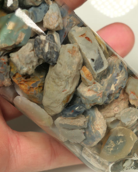 Lightning Ridge Rough Opal Parcel 400cts potch mixed knobby fossil seam (shown in jar) 20mm to chip size  0434