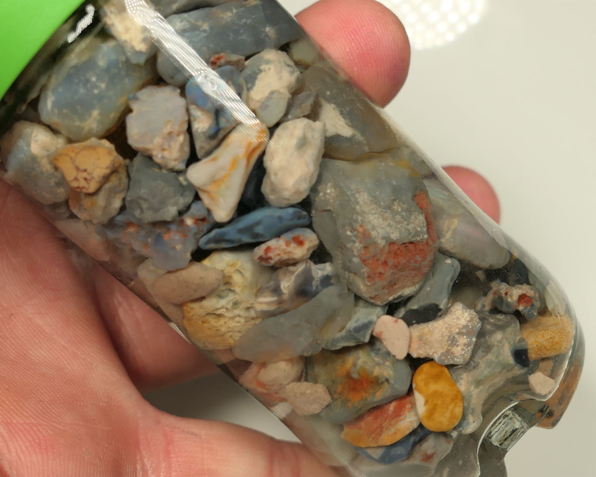 Lightning Ridge Rough Opal Parcel 400cts potch mixed knobby fossil seam (shown in jar) 20mm to chip size  0434