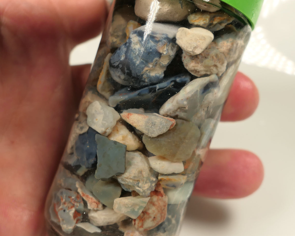 Lightning Ridge Rough Opal Parcel 400cts potch mixed knobby fossil seam (shown in jar) 20mm to chip size  0437
