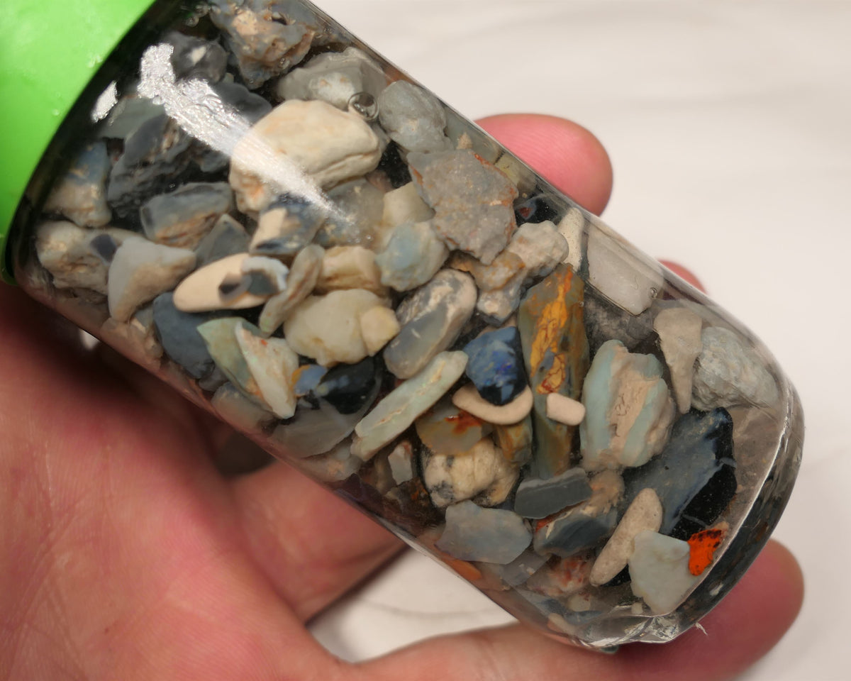Lightning Ridge Rough Opal Parcel 400cts potch mixed knobby fossil seam (shown in jar) 20mm to chip size  0446