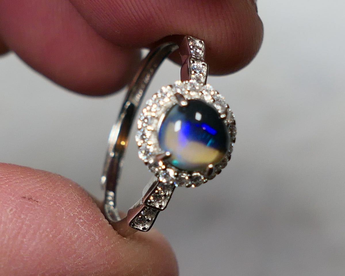 Miners Bench® Stunning Black Crystal Opal 6mm Round 0.6cts in Sterling Silver 925 Adjustable Ring Setting FR131