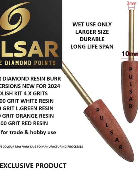 PULSAR™ DIAMOND RESIN POINTS MK2'S COLOUR CODED LAPIDARY BURRS FOR DREMEL & ROTARY TOOLS 3MM SHAFT PRE POLISH SET 1500-3000-6000-10000 GRITS nova