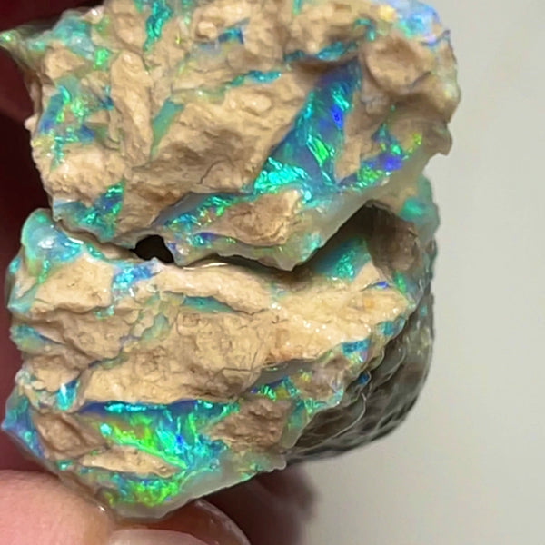 Gorgeous Very Bright Green/Blue dominant Multifires 39.50cts Lightning Ridge Crystal base knobby opal rough split pair 22x17x15 & 21x15x12mm NSW169