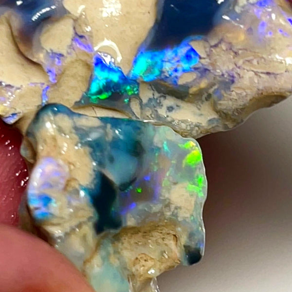 Lightning Ridge 28cts Nice pair of Dark base Crystal Opal formations rough to cut/carve Gorgeous Bright Multicolours 27x18x7 & 18x15x8mm NSW140