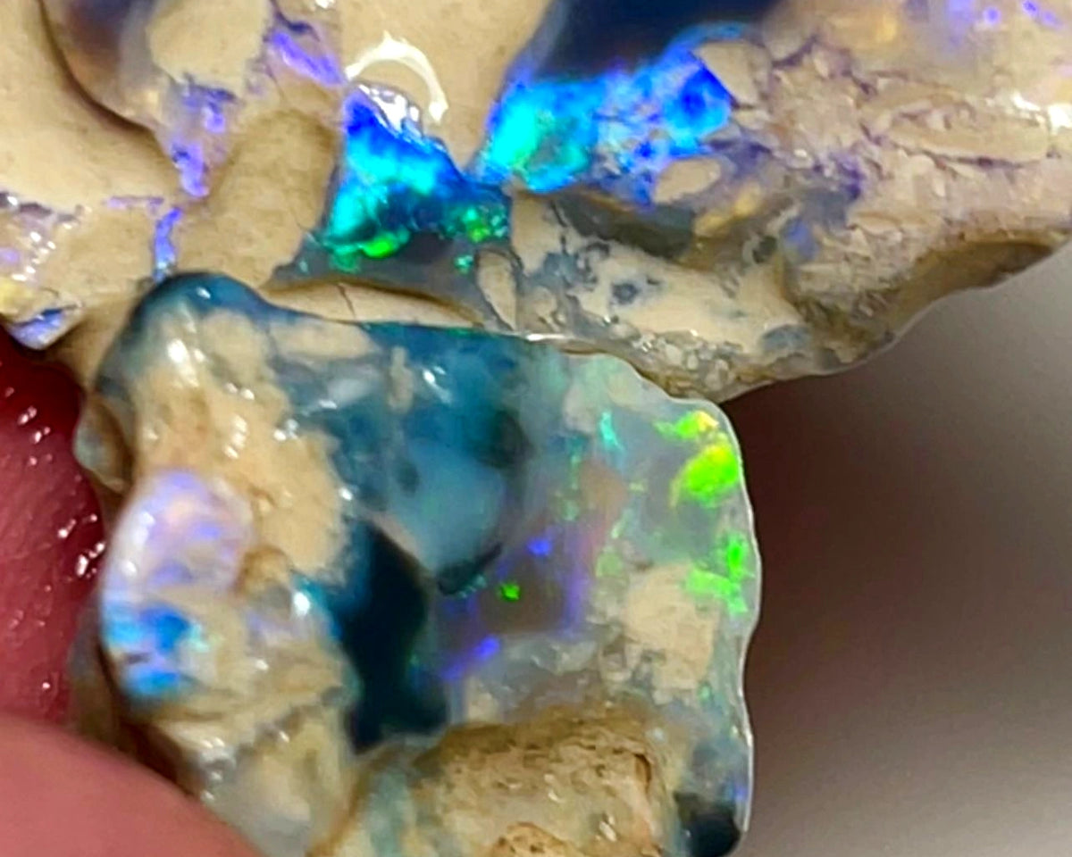 Lightning Ridge 28cts Nice pair of Dark base Crystal Opal formations rough to cut/carve Gorgeous Bright Multicolours 27x18x7 & 18x15x8mm NSW140