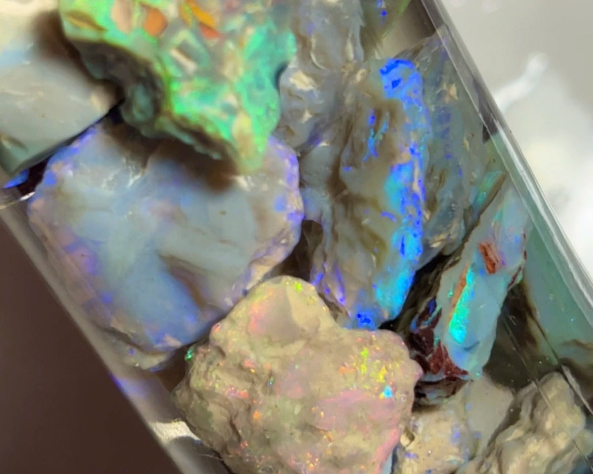 Lightning Ridge Multicolour knobby opal rough 219.00cts Lots of bars & Multicolours showing lots of potential 25x20x8mm to 9x8x4mm NEW933