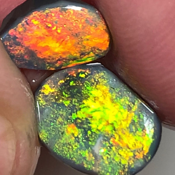 Lightning Ridge Rough / Rub Black opal Pair Miners Bench® 2.2cts Exotic Super Bright Vibrant & Vivid Multifires 11x8x1mm & 9x6x1mm WSU52