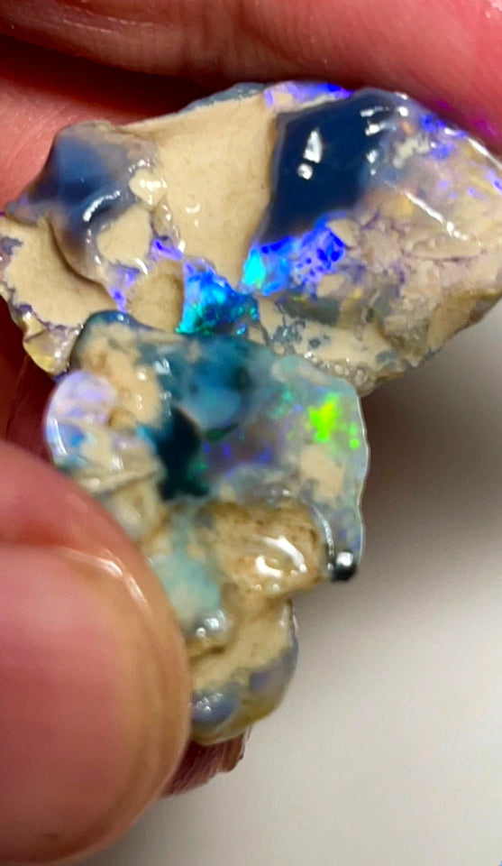 Lightning Ridge 28cts Nice pair of Dark base Crystal Opal formations rough to cut/carve Gorgeous Bright Multicolours 27x18x7 & 18x15x8mm NSW140