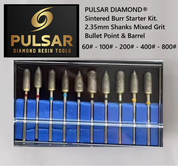 PULSAR DIAMOND® Lapidary Starter Set 10 x Fully Sintered Diamond Burr 2.35mm Shank Bullet & Barrel Points in 60# 100# 200# 400# 800# Grits for grinding Opal & Gemstones, Glass, Stone, Metal Polishing Fits Dremel Foredom & Pulsar tools