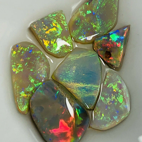 Australian Opal Rubs parcel  Gem Grade Semi Black - Crystal Miners Bench® Rubs / Preforms 14cts Lots of Lovely bright FIRES / MULTIFIRES 13x10x2mm to 9x7x3mm GEM1443