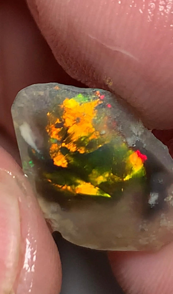 Australian Opal Gem Grade Single semi Black 2.4cts Rub/Rough Super bright Call 999 FIRE FIRE Broad flash pattern 18x12x1.5mm WSN29