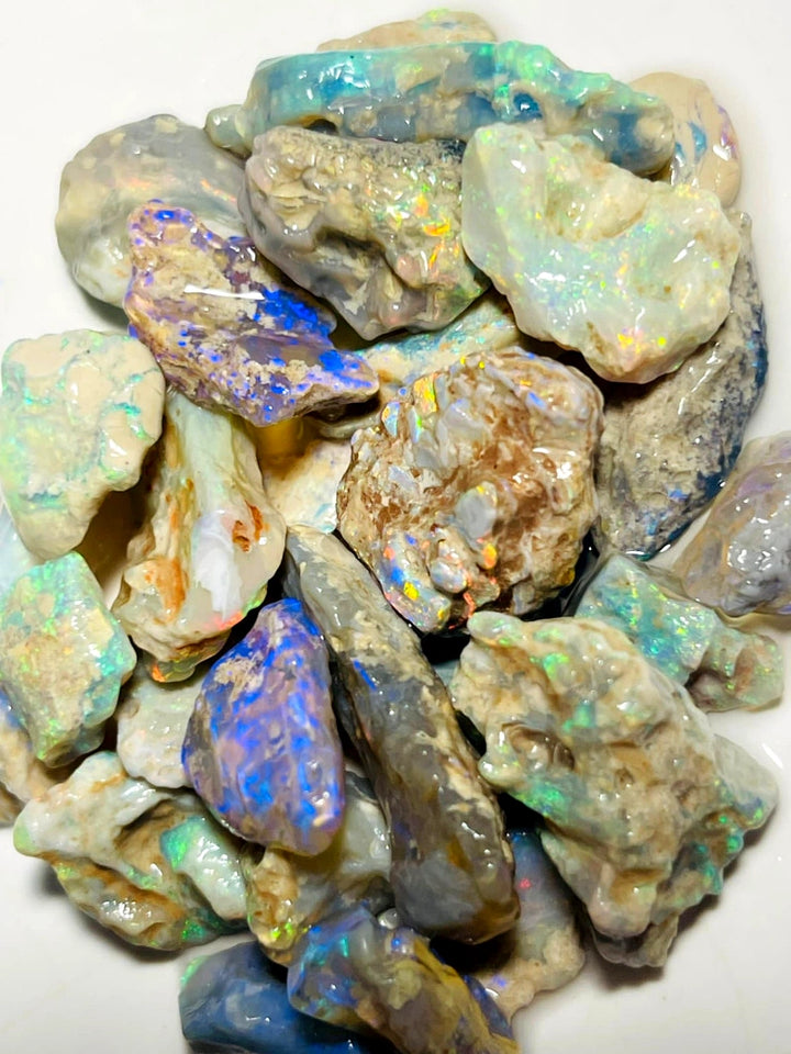 Lightning Ridge Rough  Dark & Crystal Knobby Seams Opal Parcel 120cts Lots of Potential & Cutters Bright Multicolours 24x8x5mm to 10x9x3mm WAC23