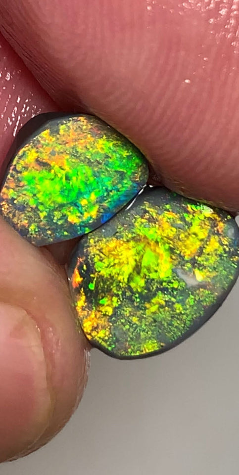 Lightning Ridge Rough / Rub Black opal Pair Miners Bench®  2.2cts Exotic Super Bright Vibrant & Vivid Multifires  11x8x1mm & 9x6x1mm WSU52