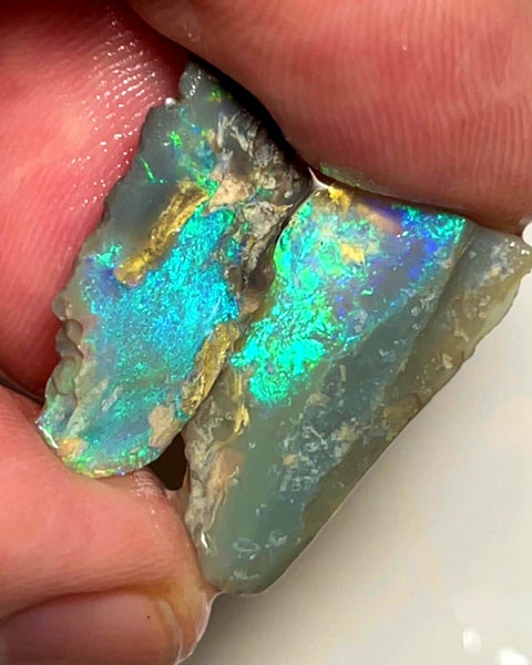 Lightning Ridge Dark Crystal Opal Pair of Rough Rub 10.5cts Sharp Bright Green Dominant fires 24x12x2mm & 24x10x4mm 1010