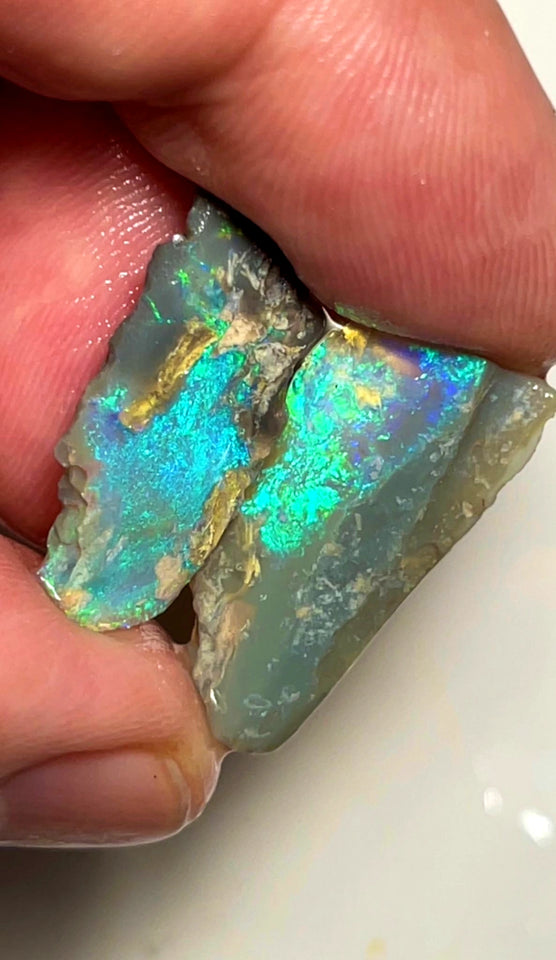 Lightning Ridge Dark Crystal Opal Pair of Rough Rub 10.5cts Sharp Bright Green Dominant fires 24x12x2mm & 24x10x4mm 1010