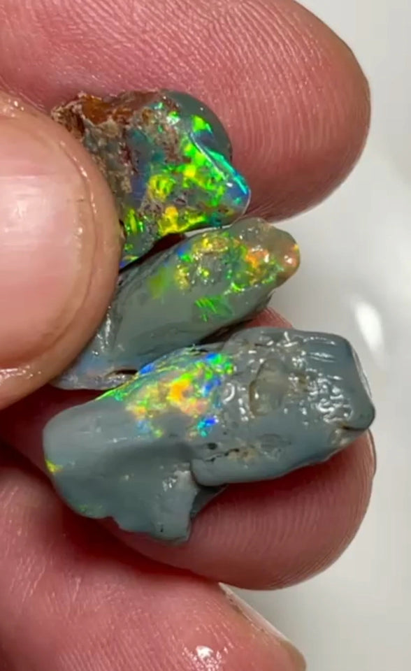Allawah Knobby opal rough Trio to cut 12.00cts Gorgeous Super Bright Yellow/Green/Orange dominant fires to cut 19x10x4mmto 19x7x4 mm NEW953
