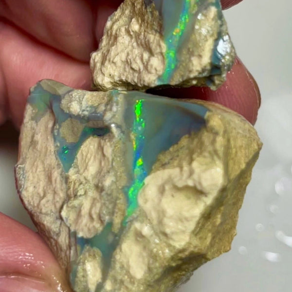 Bling Huge Grawin Dark base Multicolour Seam opal formation split pair 120.00cts Exotic Bright Vibrant Green dominant M.fires Sand/clay host rock Own a piece of Grawin 35x30x17 & 25x17x9 mm NSW070