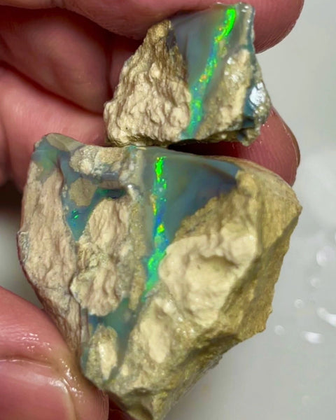 Bling Huge Grawin Dark base Multicolour Seam opal formation split pair 120.00cts Exotic Bright Vibrant Green dominant M.fires Sand/clay host rock Own a piece of Grawin 35x30x17 & 25x17x9 mm NSW040