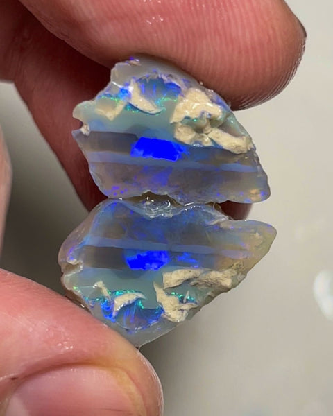 Lightning Ridge Dark Crystal Knobby opal rough split 15.50cts Bright Blue bars to cut 19x15x13 & 15x14x13 mm NSW081