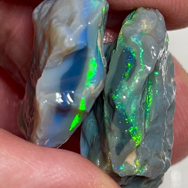 Lightning Ridge Multicolour Black/Dark Knobby pair 32.25cts Highly Visible bars Bright Yellow/Green Dominant M.Fires to cut 24x17x10 & 23x18x6mm NEW966