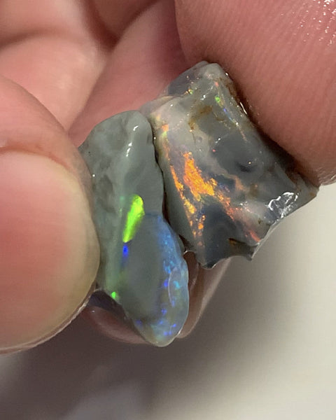 Lightning Ridge Rough Opal 14cts Pair Handpicked Select Semi Black Seams lots of Nice Bright Multi colour fires to Cut / carve & Polish WSB640