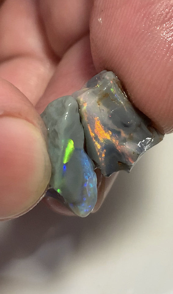 Lightning Ridge Rough Opal 14cts Pair Handpicked Select Semi Black Seams lots of Nice Bright Multi colour fires to Cut / carve & Polish WSB640