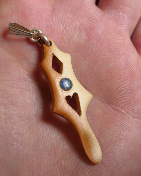 Hand Carved Mini Hardwood Welsh Love spoon Pendant set with Australian opal Trimmed with sterling silver bail 50x15x3.5mm XMASb29