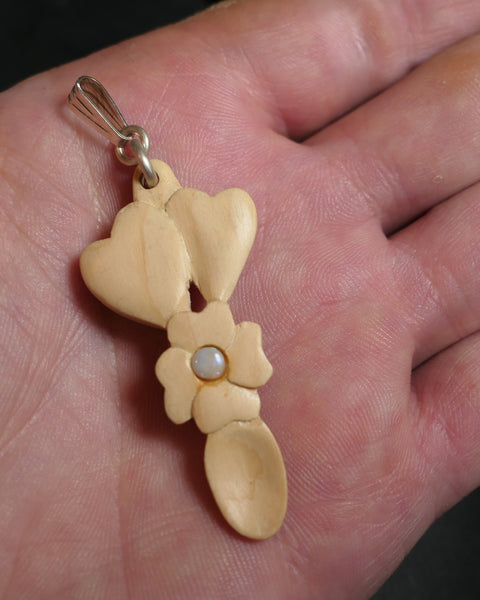 Hand Carved Mini Hardwood Welsh Love spoon Pendant set with Australian opal Trimmed with sterling silver bail 50x24x4mm XMASb30
