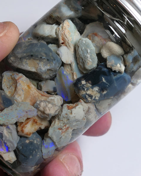 Lightning Ridge Rough Opal Parcel 350cts potch & some Colour mixed knobby fossil seam (shown in jar) 22mm to chip size JanA53