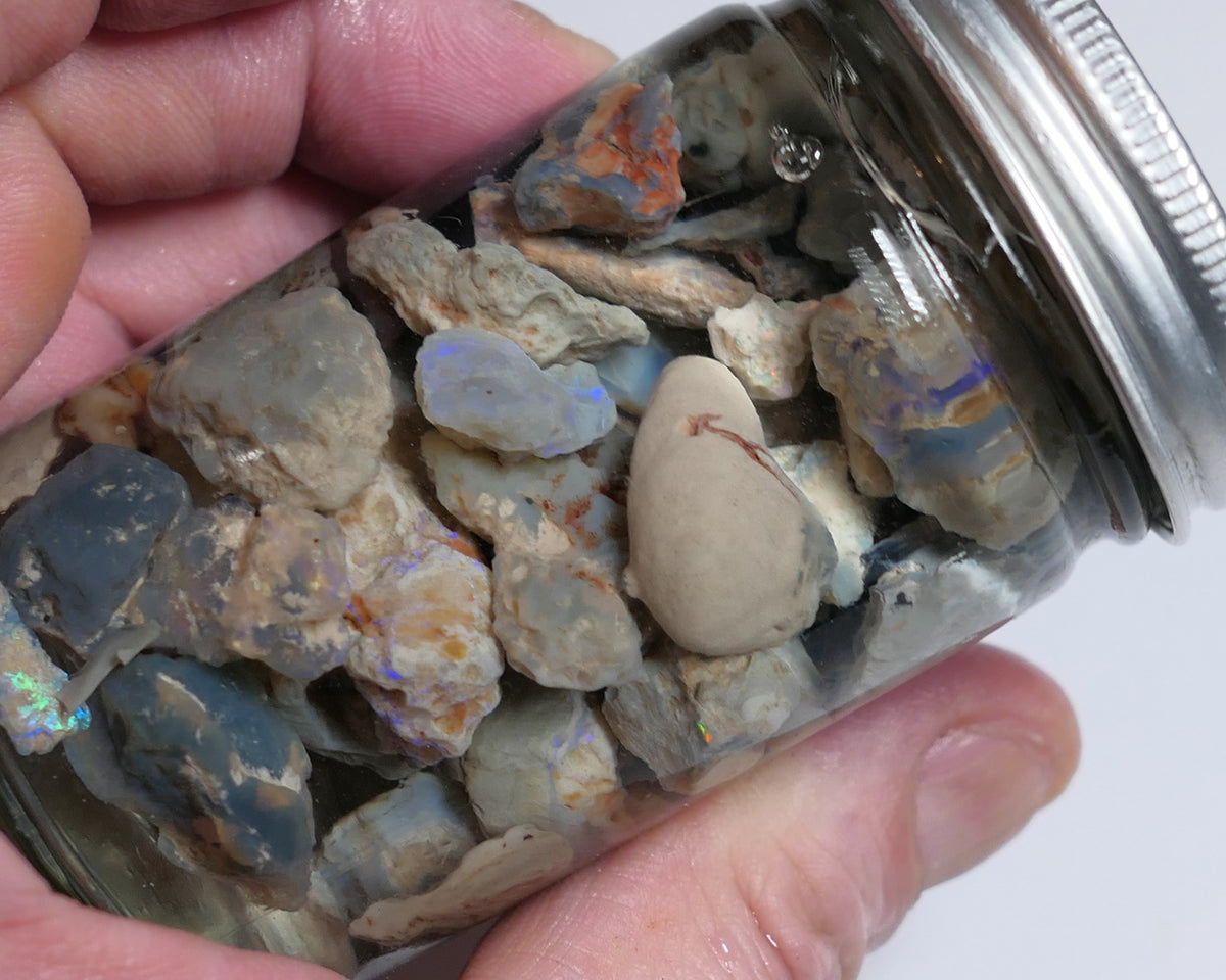 Lightning Ridge Rough Opal Parcel 350cts potch & some Colour mixed knobby fossil seam (shown in jar) 22mm to chip size JanA53
