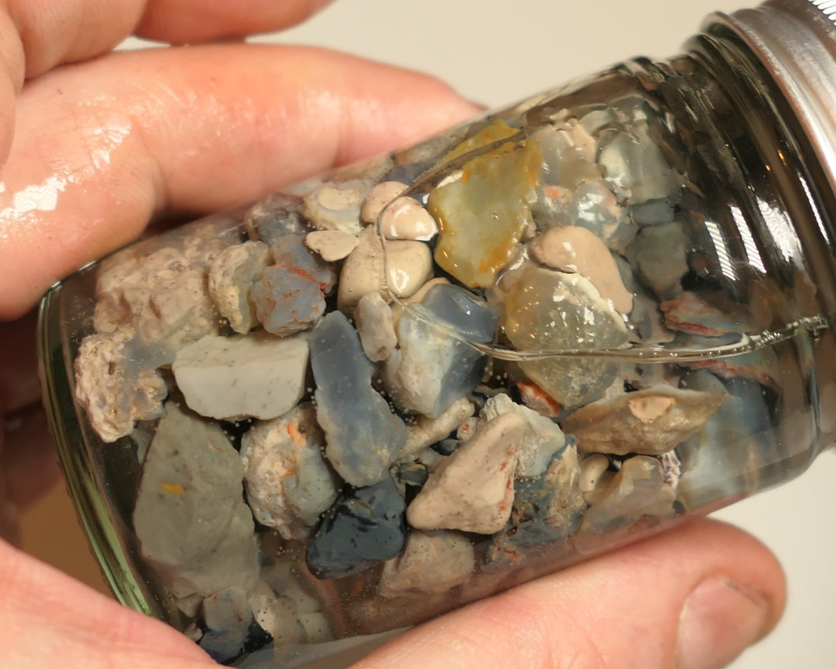 Lightning Ridge Rough Opal Parcel 400cts potch mixed knobby fossil seam (shown in jar) 22mm to chip size JanB12