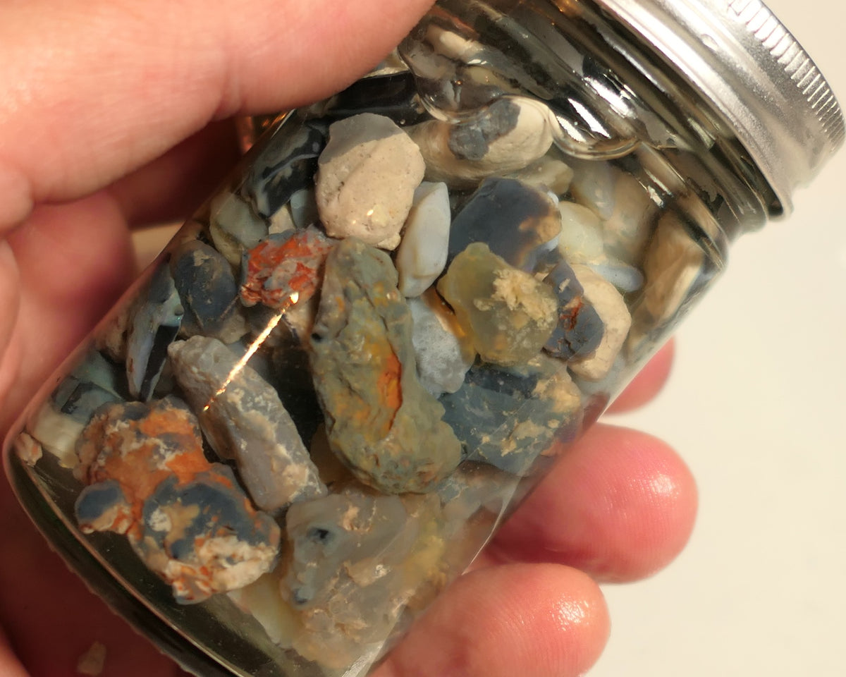 Lightning Ridge Rough Opal Parcel 400cts potch mixed knobby fossil seam (shown in jar) 22mm to chip size JanB20