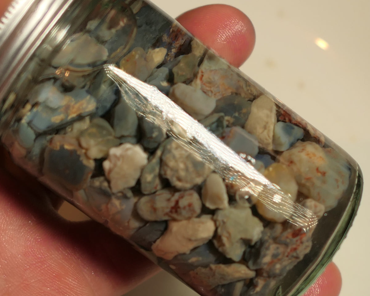 Lightning Ridge Rough Opal Parcel 400cts potch mixed knobby fossil seam (shown in jar) 22mm to chip size JanB17