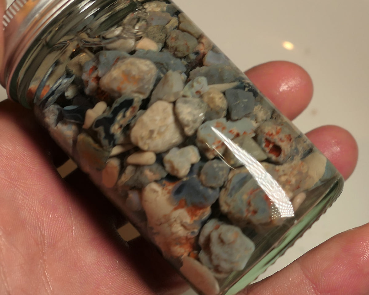 Lightning Ridge Rough Opal Parcel 400cts potch mixed knobby fossil seam (shown in jar) 22mm to chip size JanB13