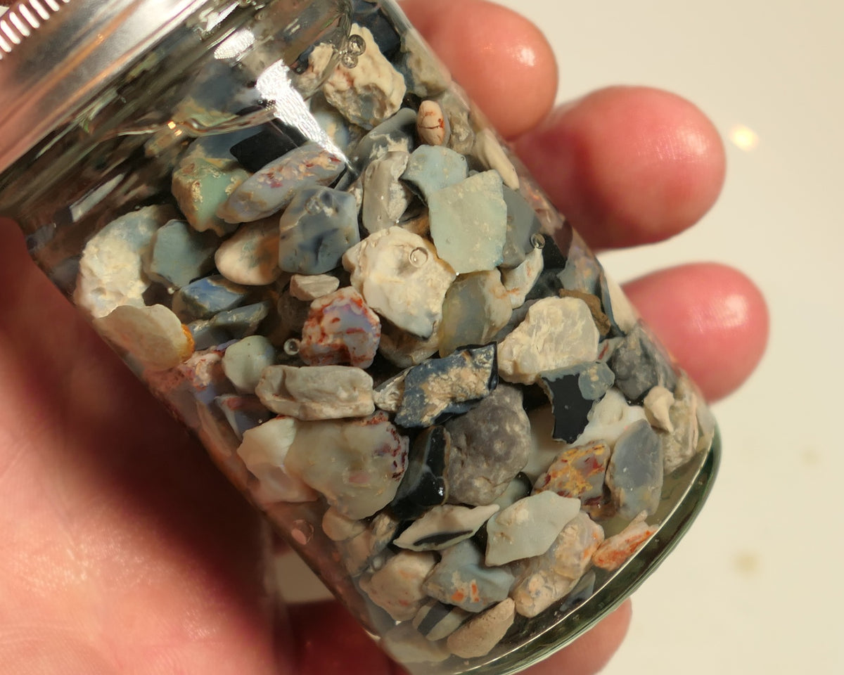 Lightning Ridge Rough Opal Parcel 400cts potch mixed knobby fossil seam (shown in jar) 22mm to chip size JanB24