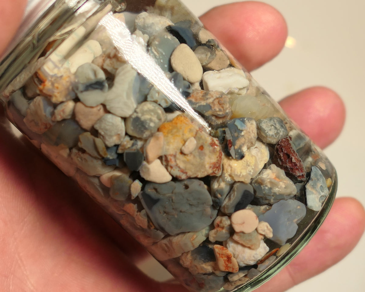 Lightning Ridge Rough Opal Parcel 400cts potch mixed knobby fossil seam (shown in jar) 22mm to chip size JanB15