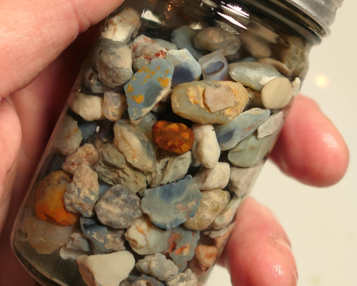 Lightning Ridge Rough Opal Parcel 400cts potch mixed knobby fossil seam (shown in jar) 22mm to chip size JanB26