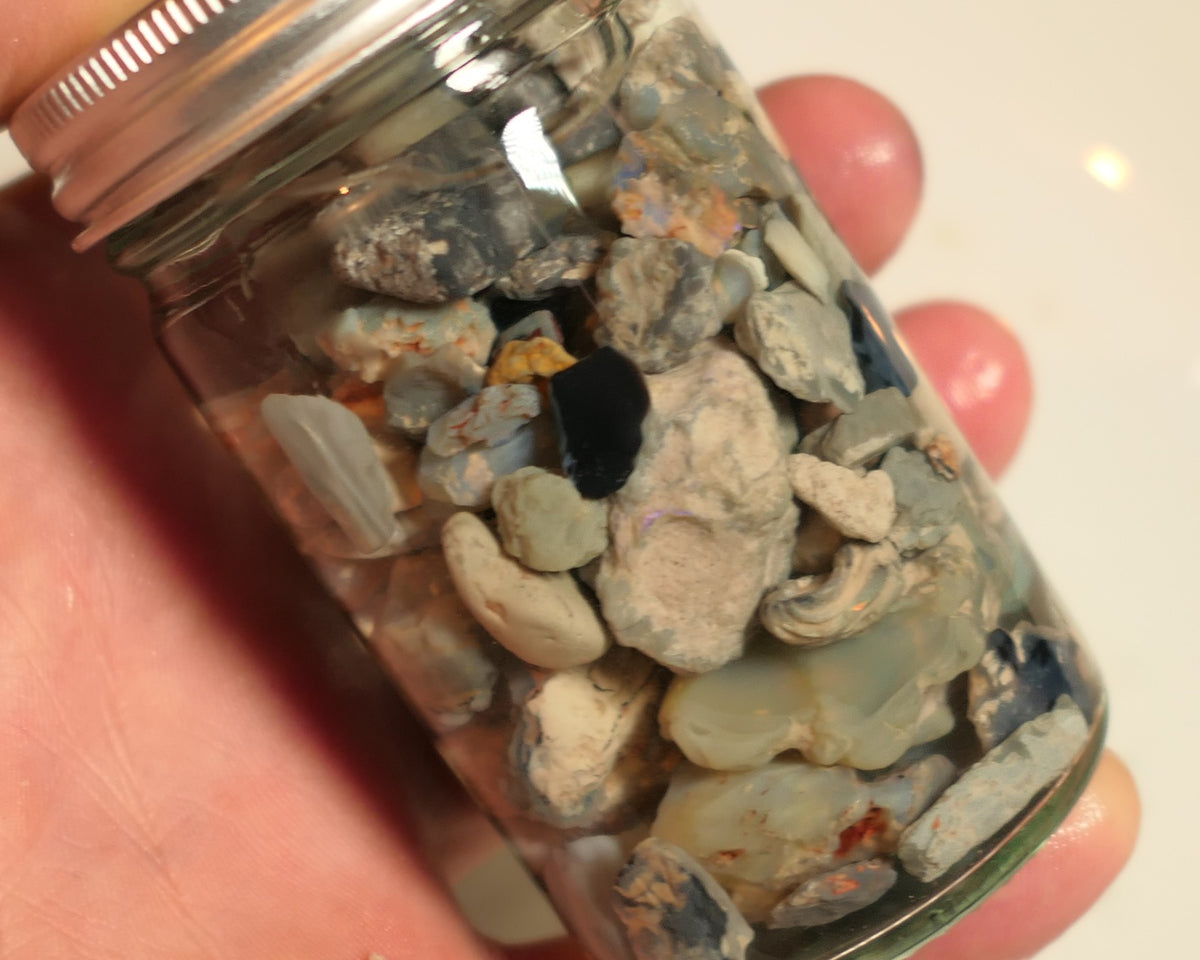 Lightning Ridge Rough Opal Parcel 400cts potch mixed knobby fossil seam (shown in jar) 22mm to chip size JanB19